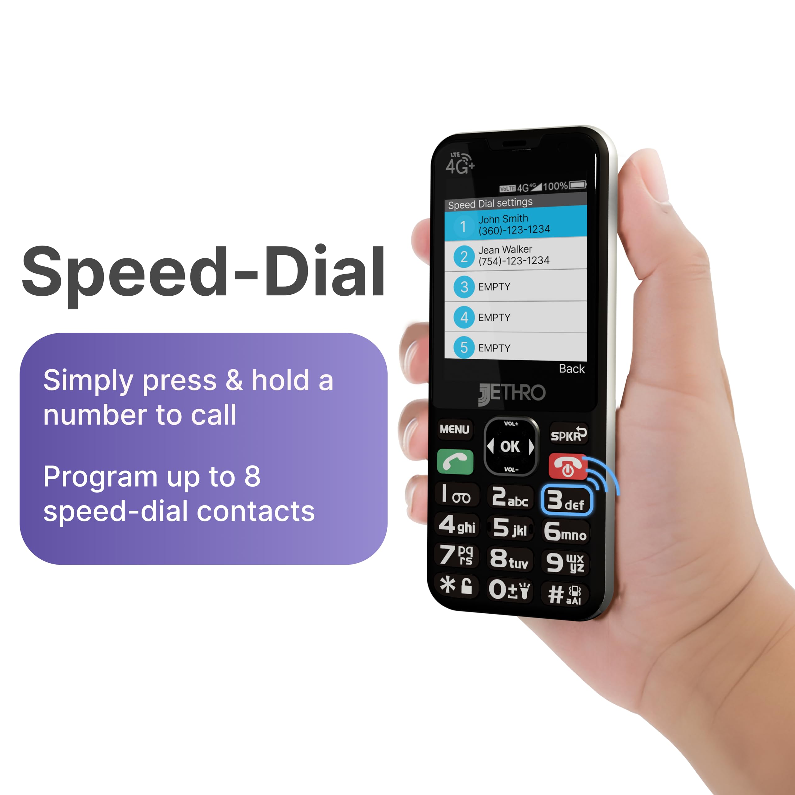 Jethro SC490 4G LTE Cell Phone for Seniors with 30 Day Prepaid Plan: 150 Talk & 150 Texts, No Internet (Black)