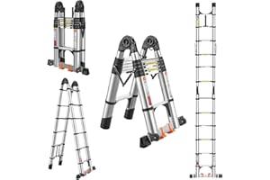 EVASTAR HOME EvaStar 12.5FT A Frame Telescoping Ladder, Lightweight Aluminum Telescopic Ladders w/Triangle Stabilizers, Stabilizer Bar & Wheels, 330lbs Capacity Extension Ladder for Home, Outdoor- Silver