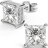 18K White Gold Plated Sterling Silver Princess Cut Cubic Zirconia Stud Earrings Square Simulated Diamond CZ Stud Earrings for Women Men Hypoallergenic