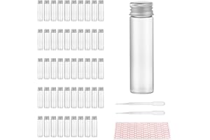 USAMILY 50PCS 20ml Clear Liquid Sample Glass Vials with Screw Caps and Plastic Stoppers, Included Pipette and Labels