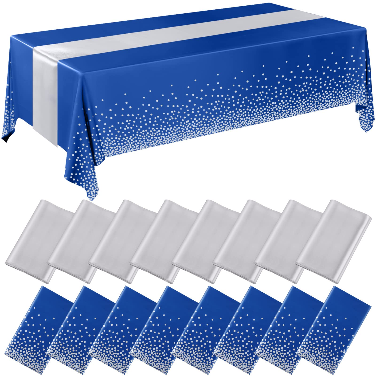 Photo 1 of Tudomro 16 Pieces Silver and Dark Blue Disposable Plastic Tablecloths and Satin Table Runner Set 54x108 Inch Tablecloth 12x108 Inch Table Runners for New Year Wedding Birthday Baby Shower Graduation