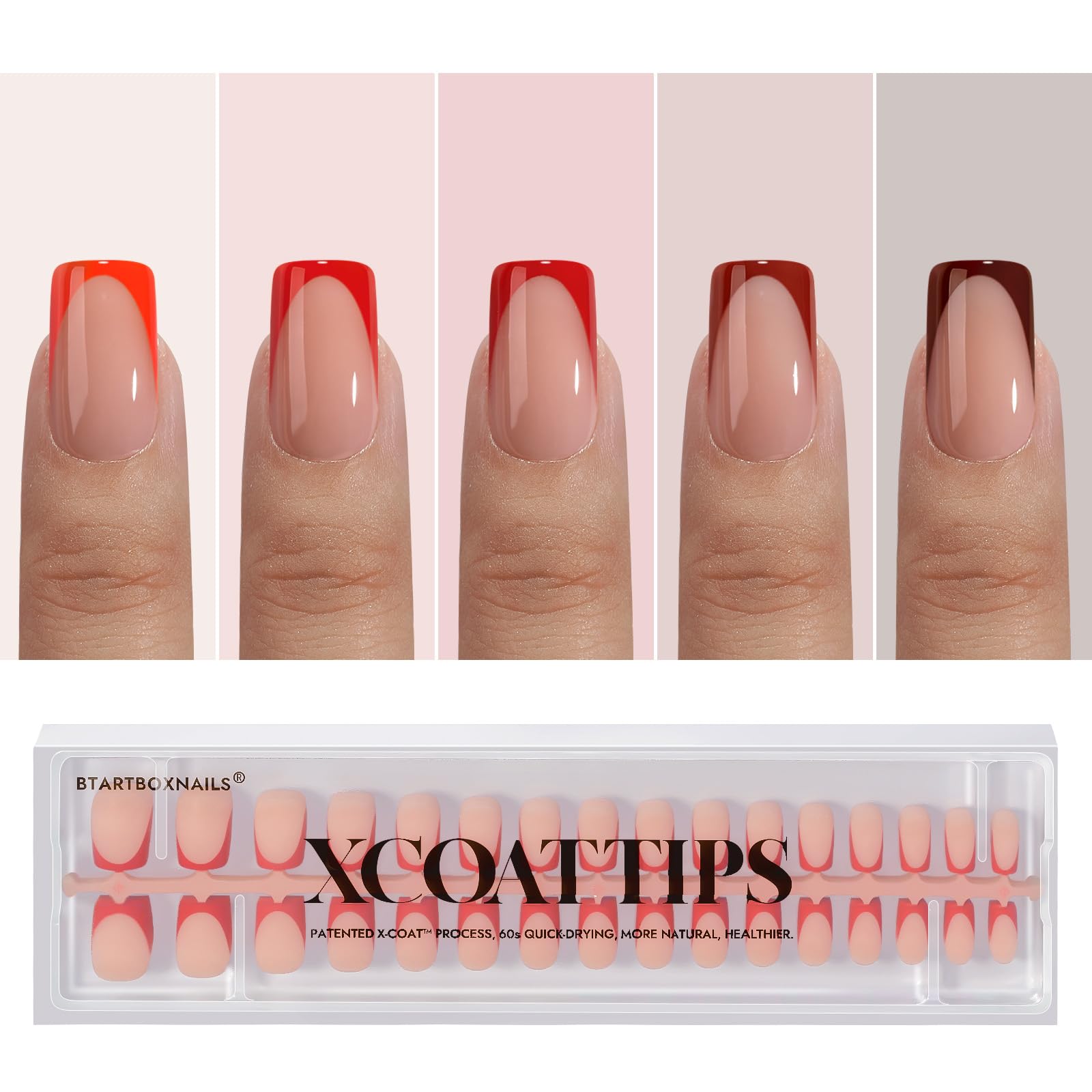 BTArtboxnails XCOATTIPS French Tip Press on Nails - Red Press On Nails Short, Square Fake Nails, 160Pcs Soak Off Soft Gel Acrylic Nail Extension in 16 Sizes