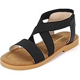 PANDANINJIA Girls Sandals Slip-on Elastic Ankle Cross Strappy Gladiator Dress Sandals Flats Summer Shoes Little Big Kids Sandals