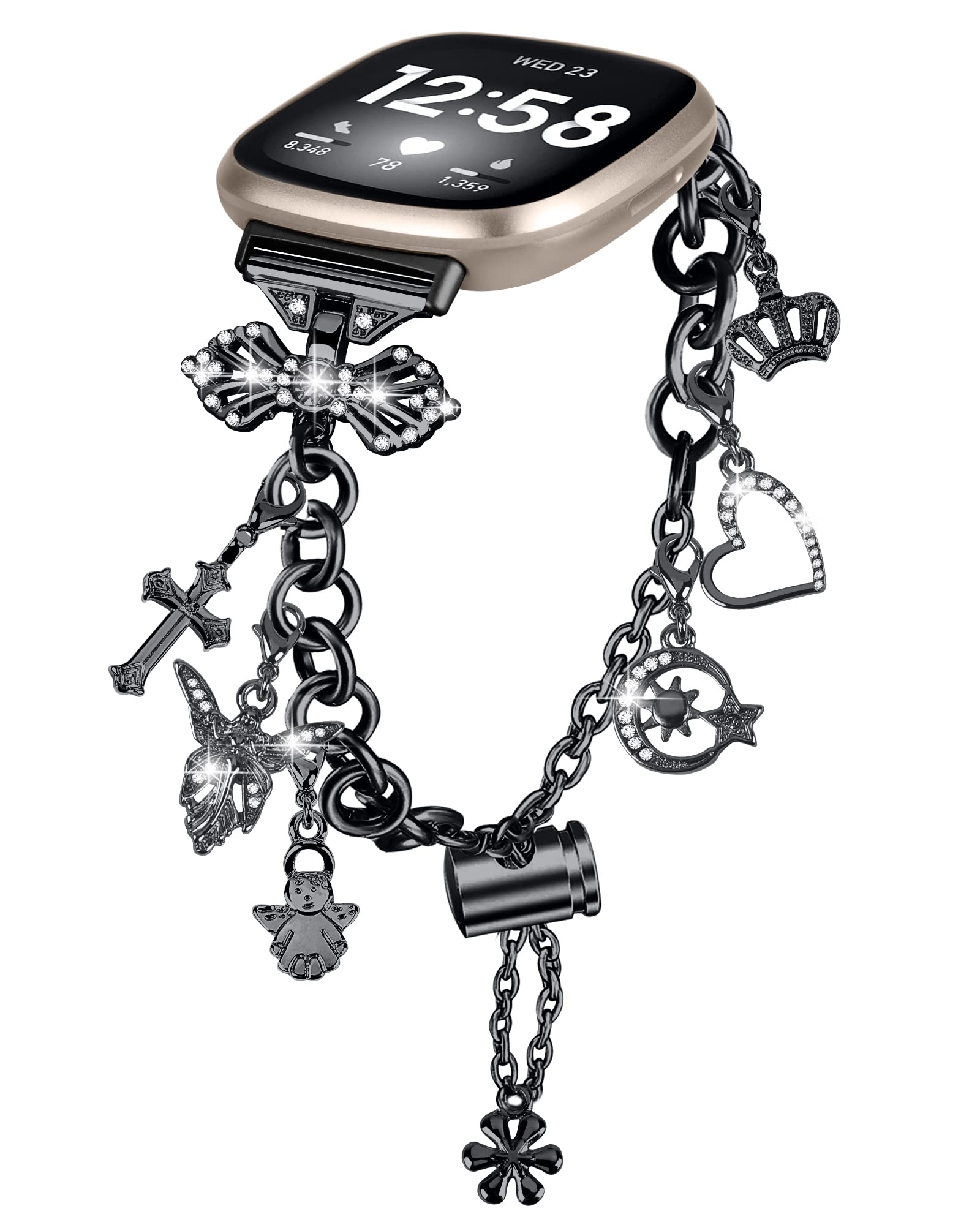 Gimuk Strap Compatible with Fitbit Versa 4/Versa 3/Sense 2, Women's Adjustable Stainless Steel Metal Bling Diamonds Replacement Strap, Black