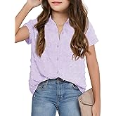 Haloumoning Girls Button Down Shirts Short Sleeve Kids Casual Chiffon Blouse Summer Tops T-Shirt