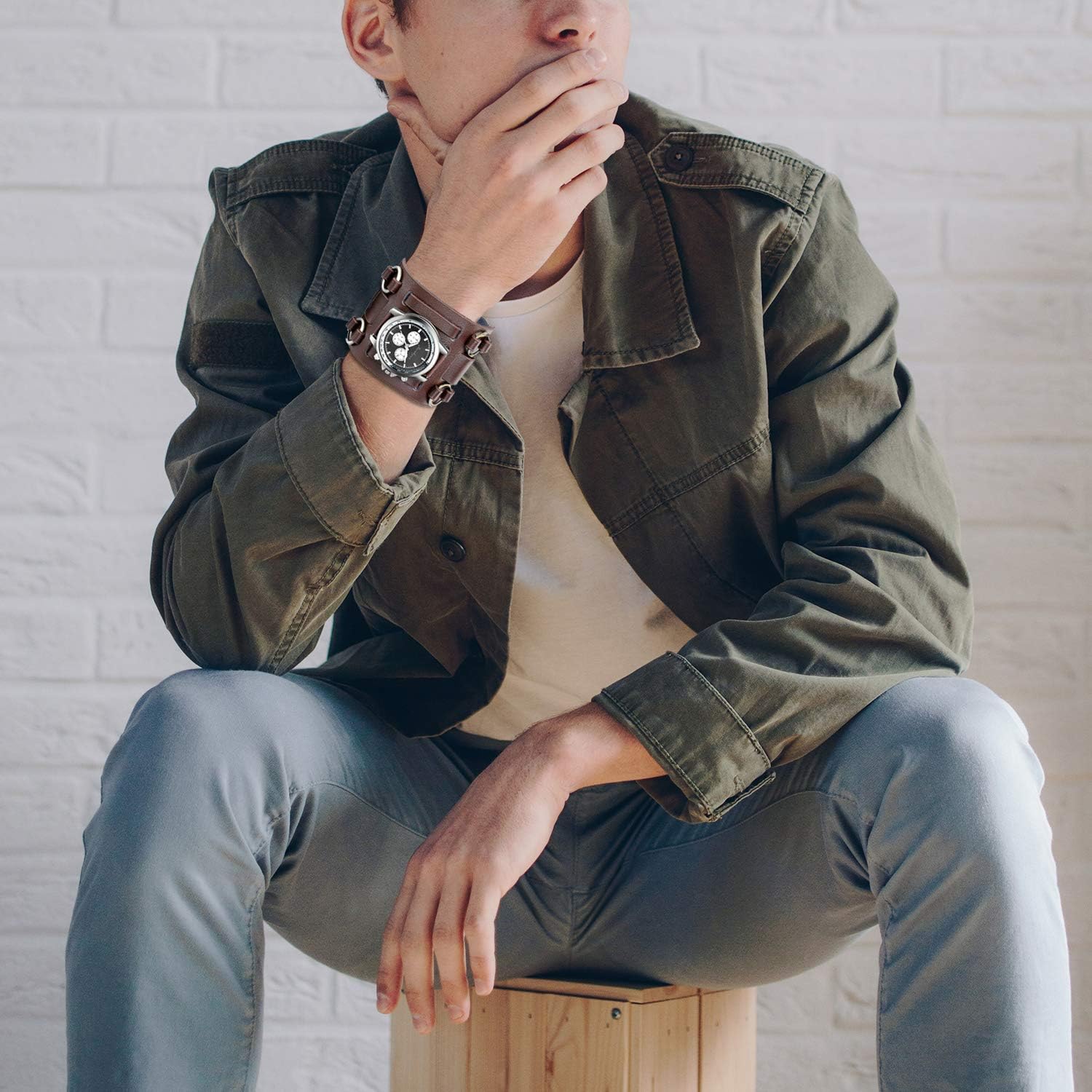 JewelryWe Hip-hop Gothic Leathernk Style Mens Wrist Watch 74MM Wide Brown Leather Cuff Watches, Fathers Day Present - Image 3