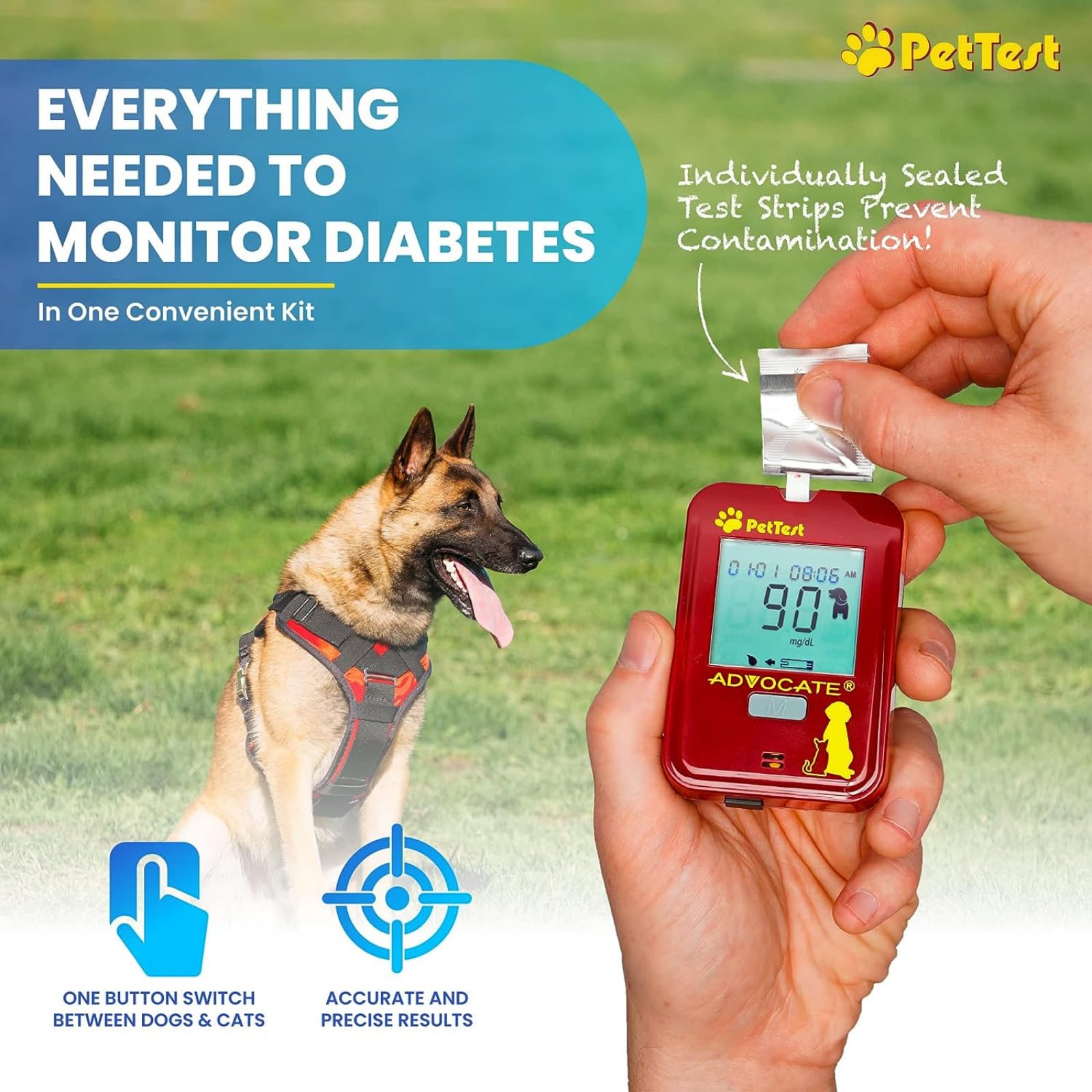 PetTest Painless Glucose Monitoring Kit for Dogs & Cats, Diabetic Pet Blood Sugar Check Gear, Includes Classic Meter, 50 Test Strips, Genteel Lancing Device, 50 Lancets, Soft Carrying Case, and More