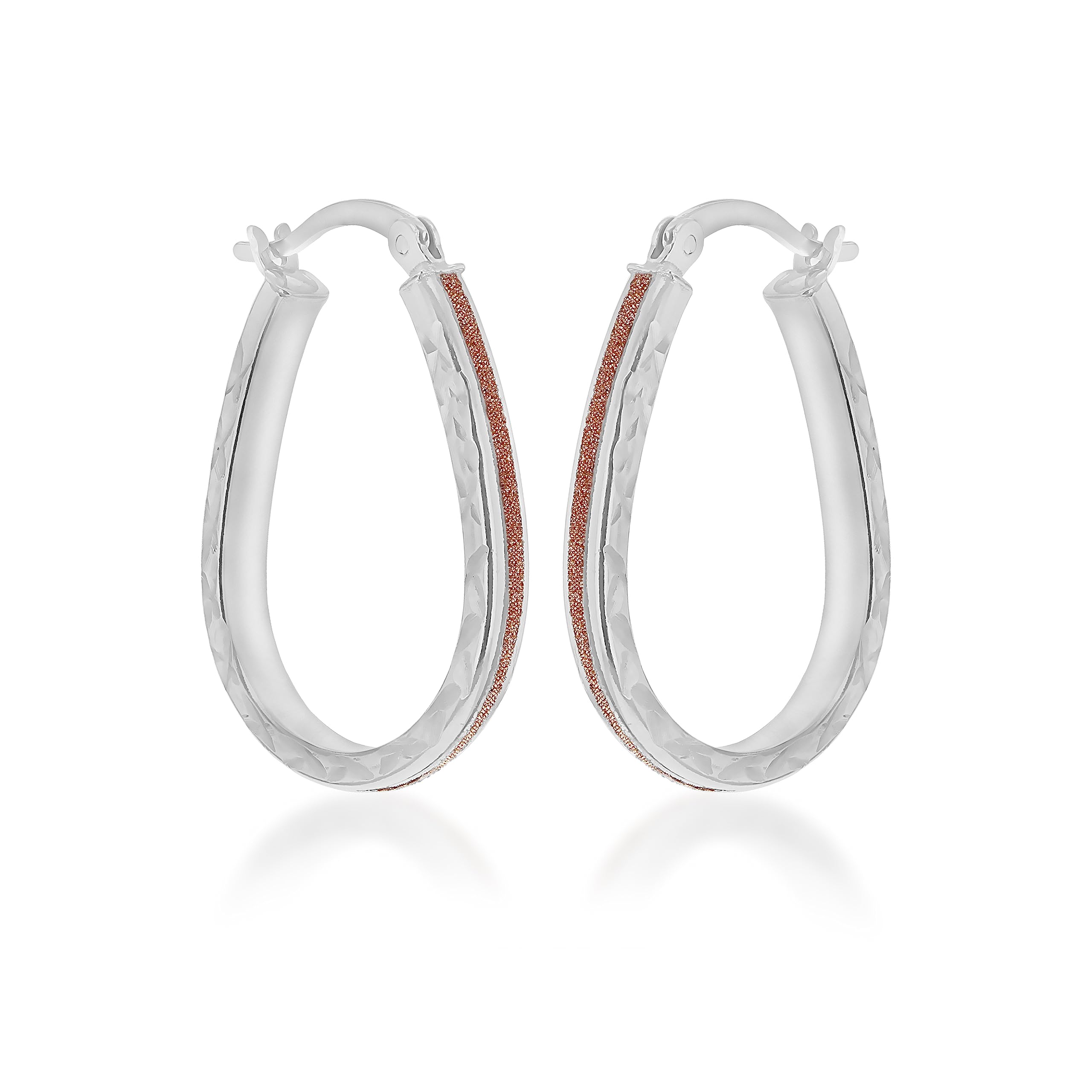 Tuscany Silver Women's Sterling Silver Rhodium Plated Diamond Cut Rose Stardust Oval Creole Earrings