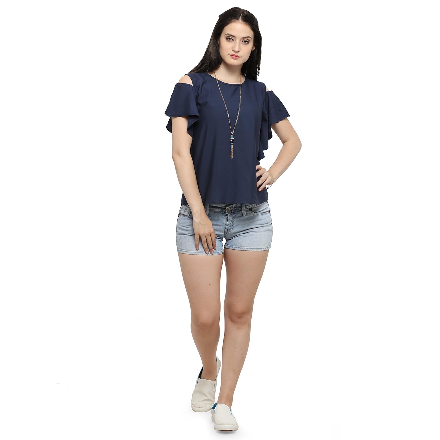 serein women's top (navy crepe top with cold shoulder and ruffles)