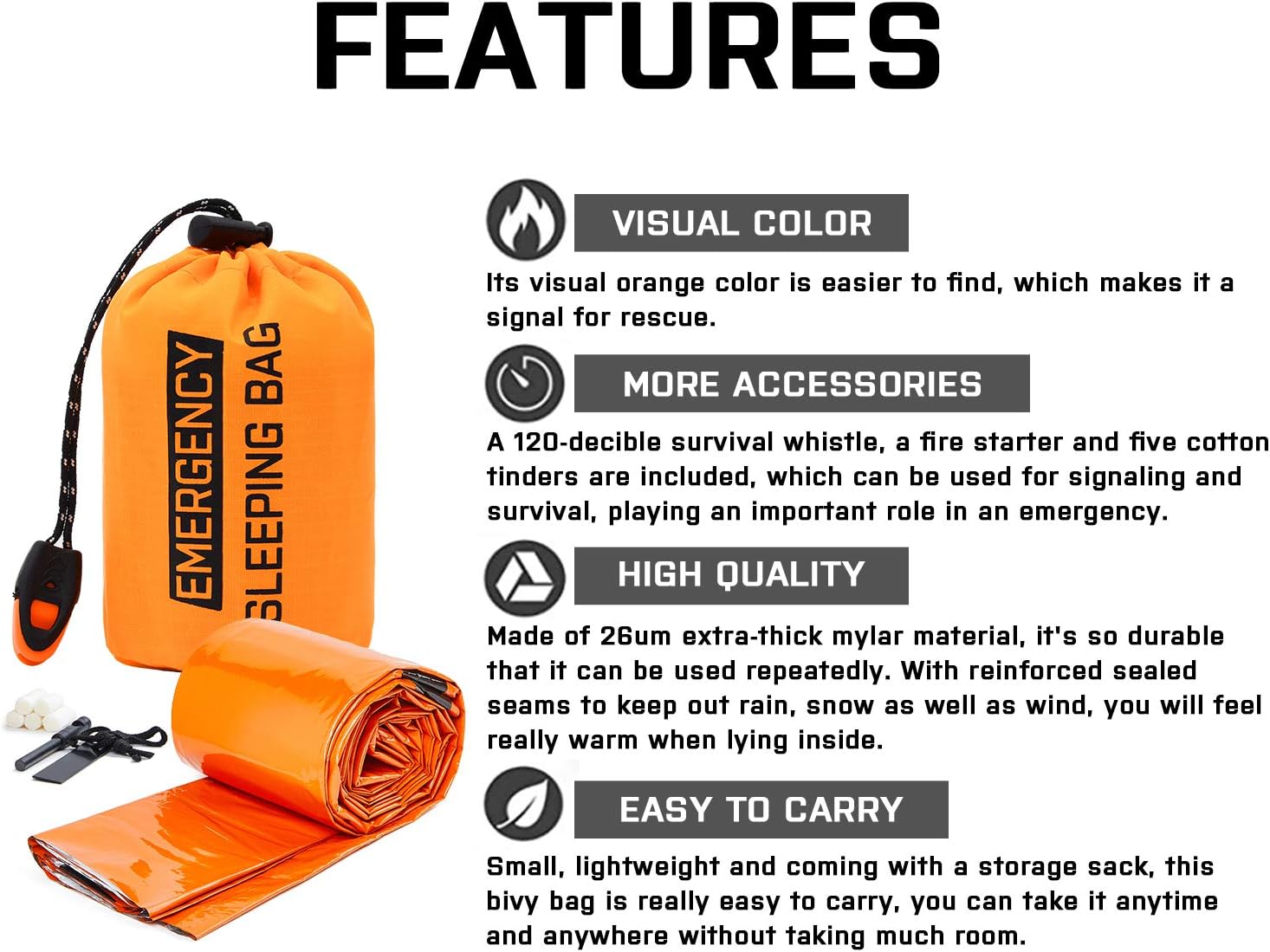 W WIREGEAR Bivy Bag Emergency Sleeping Bag Survival Sleeping Bag Lightweight and Waterproof Includes Fire Starter 5 Fire Tinders Suitable for Hiking Camping Outdoor Activities : Sports & Outdoors