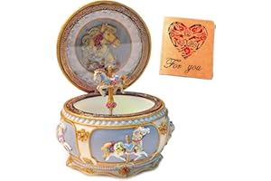 Briskfeel Classical Carousel Horse Music Box LED lights Twinkling Resin Carved Collectible Mechanical Musical Box with Sankyo 18-Note Horse Rotates with Music