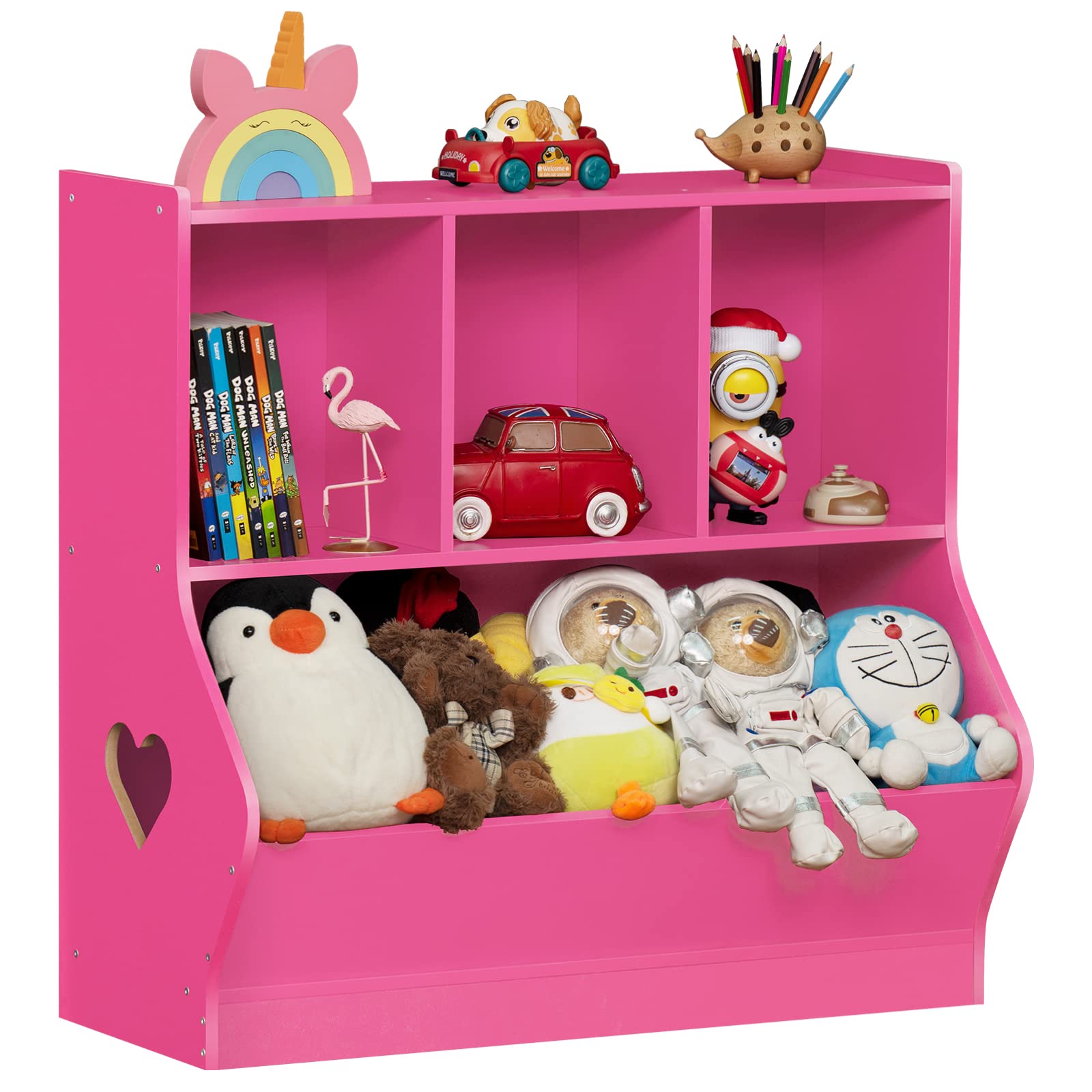 Lerliuo Kids Toy Storage Organizer, Children Small Bookcase and Bookshelf, Toddler 4 Cubby Toy Storage Cabinet, Toy Shelf for Playroom, Bedroom, Living Room, Nursery, School 29.53'' H (Pink) Image