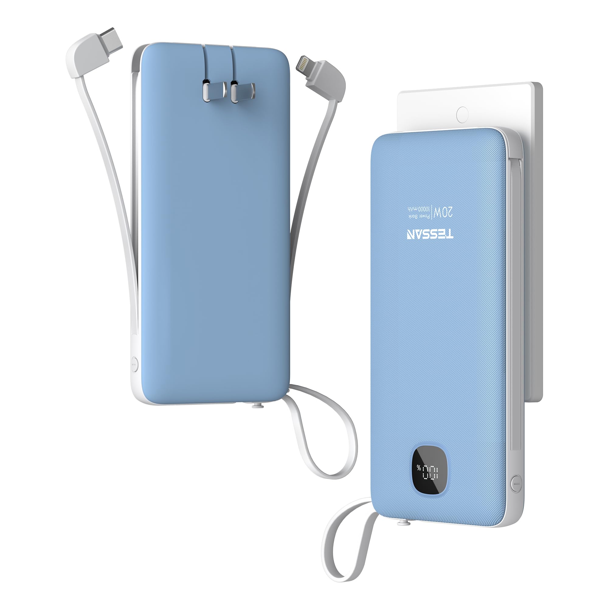 TESSAN Portable Charger with Built in Cables, 10000mAh Power Bank Fast Charging with Foldable AC Plug, PD20W Compact Battery Pack Travel Essentials for iPhone 17/16 Series, Samsung, Tablets, Blue