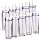 Volhoply 20oz Plastic Skinny Tumblers Bulk 10 Pack,Double Wall Tumbler with Lid and Straw,BPA Free Matte Acrylic Iced Coffee Cups with Straw,Reusable Travel Cute Mug for Party,DIY Gift(Clear,10 Set)