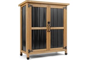 PETSCOSSET Weatherproof Outdoor Storage Cabinet with Lockable Doors, Wood & Metal Garden Storage Shed Patio Storage Box for Tools & Lawn Equipment, Pool Accessories