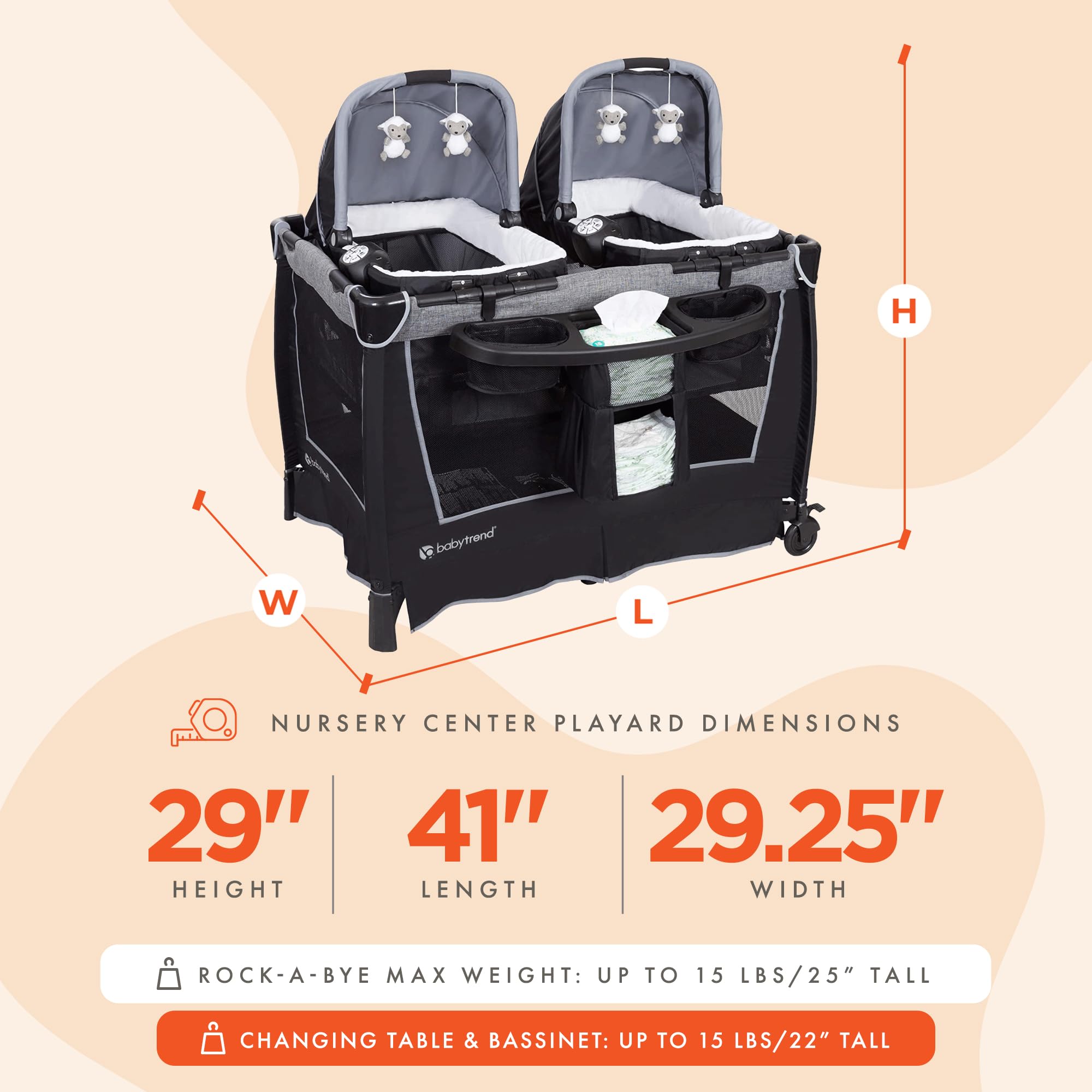 Baby Trend Retreat Nursery Center with Two Removable Rock A Bye Bassinets, Changing Table, Organizer, and Music Center with Nightlight, Quarry