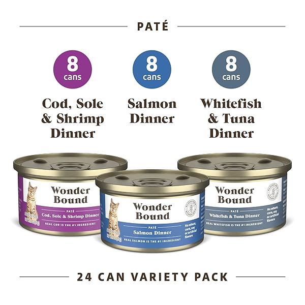 AMAZON BRAND – WONDER BOUND WET CAT FOOD, PATE, NO ADDED GRAIN, VARIETY PACK (COD, SOLE & SHRIMP, SALMON, WHITE FISH & TUNA), 3 OUNCE (PACK OF 24)