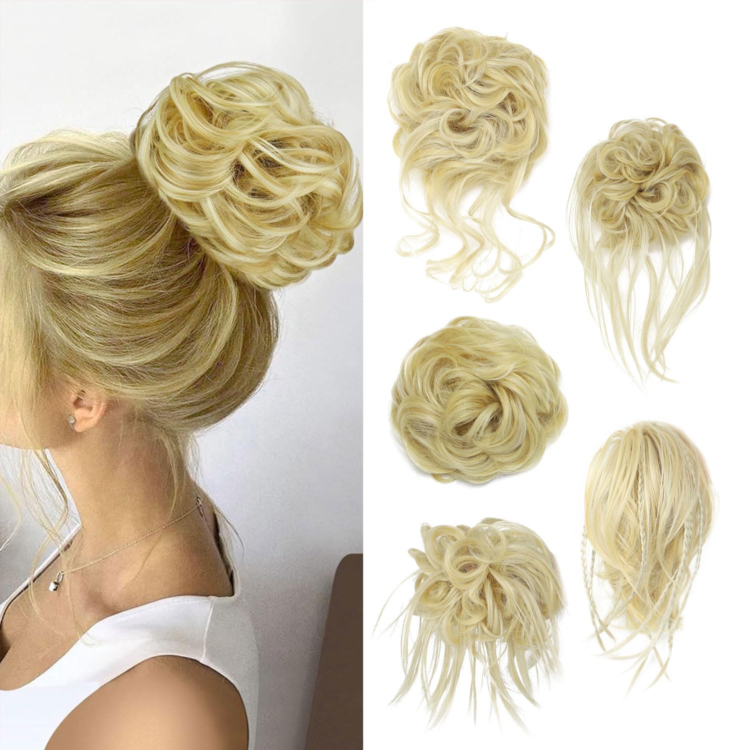 5 PCS Messy Bun Scrunchies Curly Wavy Messy Bun Hair Pieces for Women Hair Scrunchie HAIR Updo Accessories - Bleach Blonde
