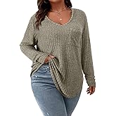 Koscacy Women Plus Size Casual Knit Sweater with Pocket V Neck Solid Color Tops Lightweight Long Sleeve Blouses