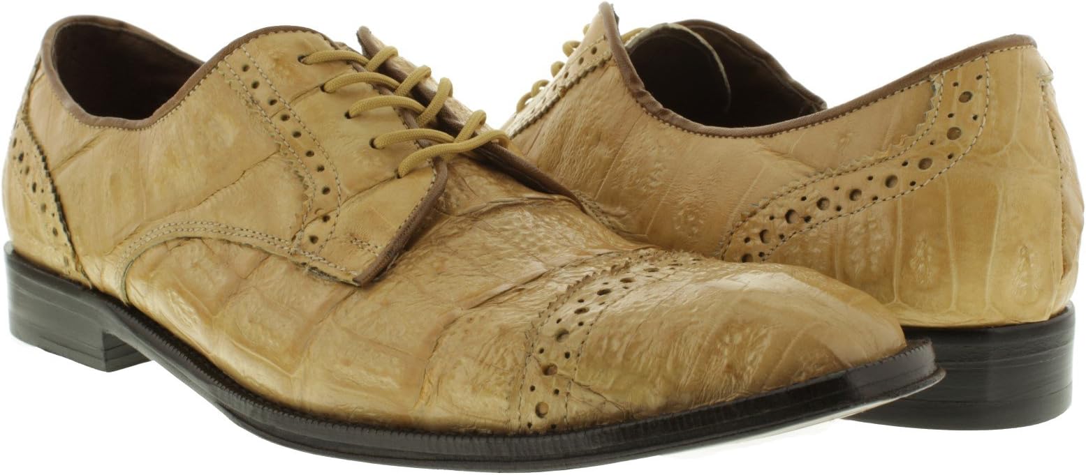 Dolce Pelle - Men's Full Beige Genuine Crocodile Skin Leather Derby Shoe Toe Cap
