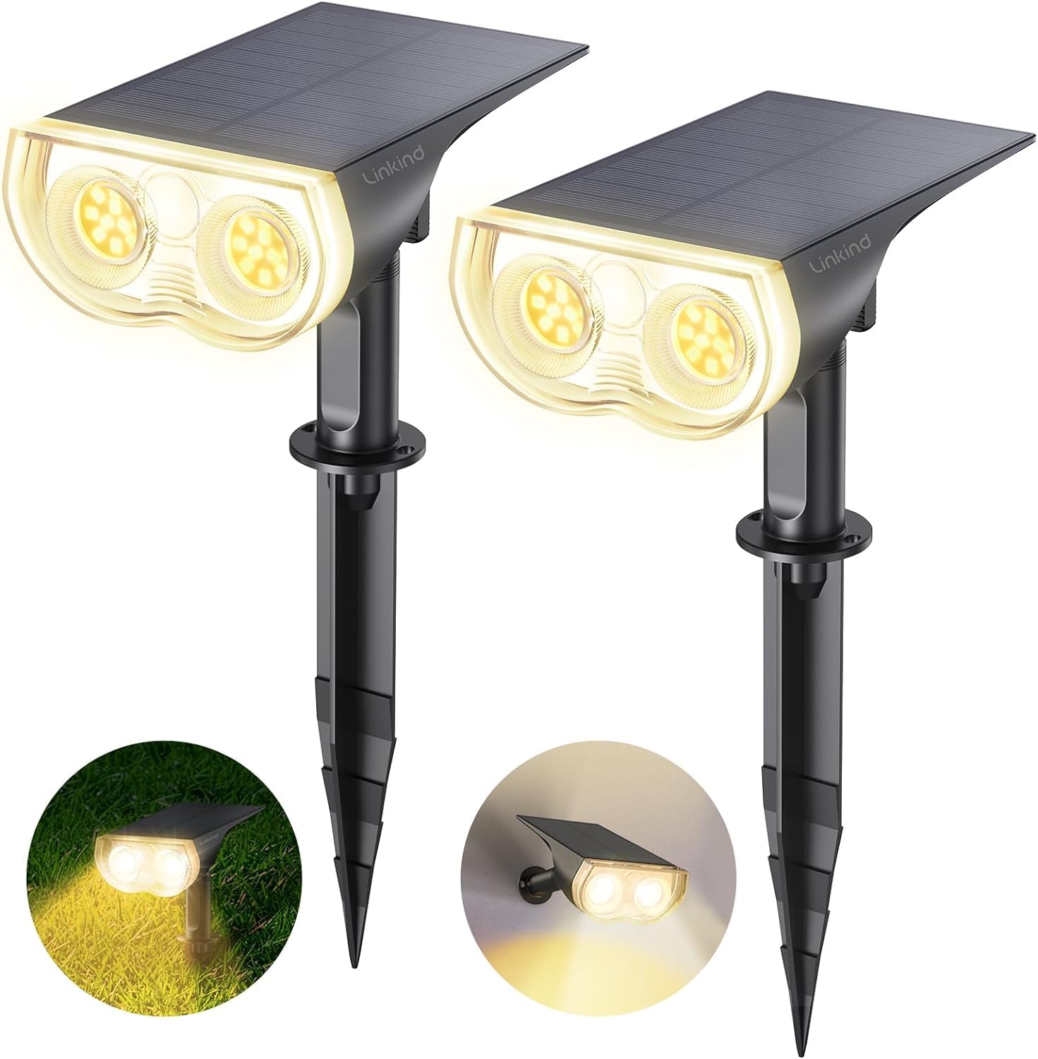 Linkind Solar Lights Outdoor Garden, Dusk-to-Dawn Warm White 3000k Stake Lights Solar Powered, Ip65 Waterproof Solar Spot Lights for Driveway Walkway Decoration, Pack of 2