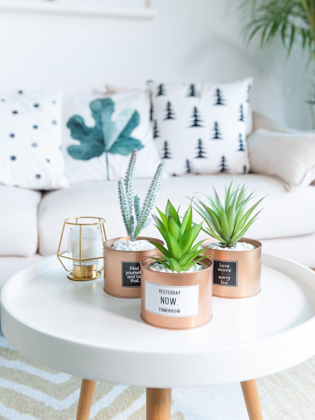 Opps Mini Artificial Plants Plastic Green Grass Cactus with Special Golden Can Pot Design for Home Décor – Set of 3 -