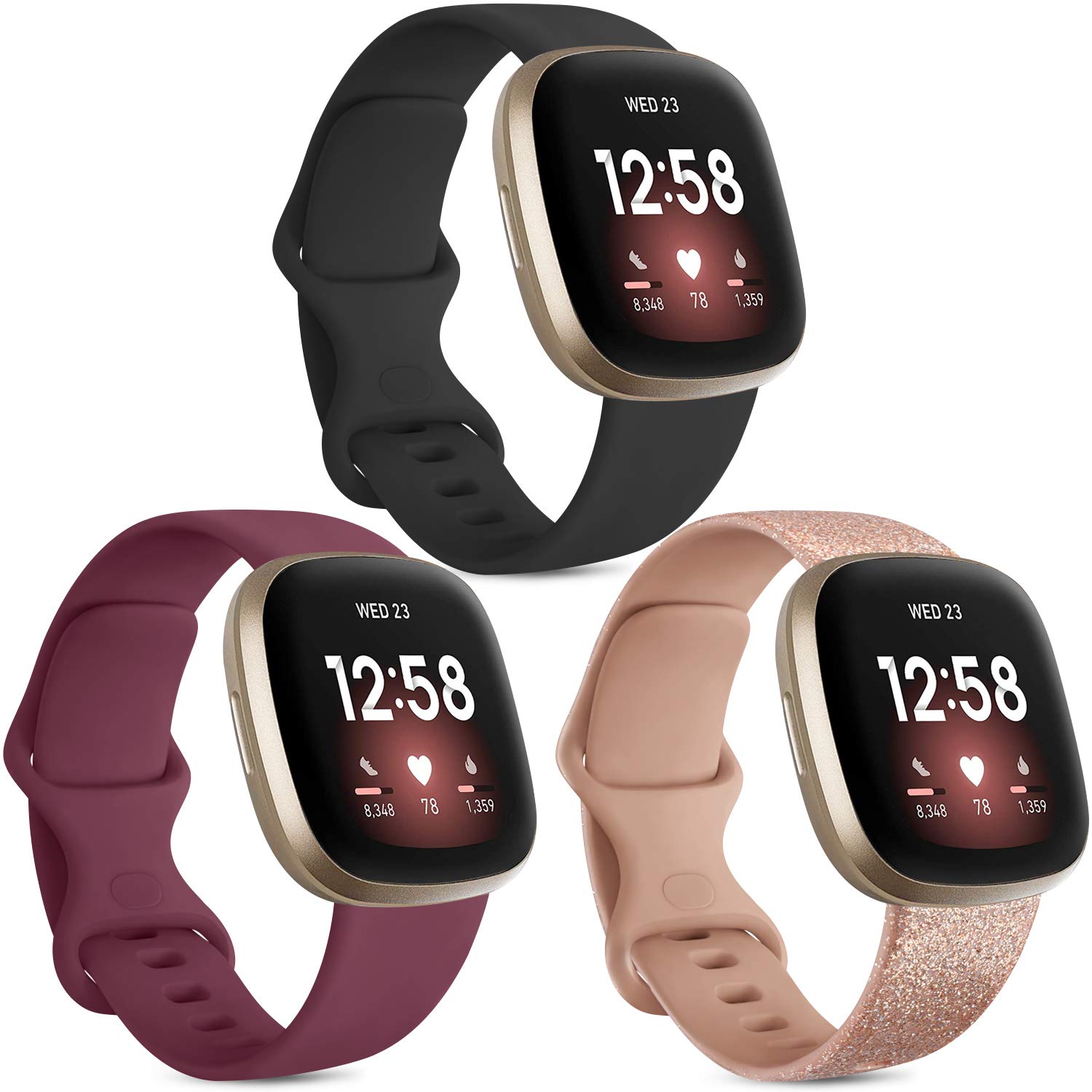 Vancle [3 Pack] Strap Compatible for Fitbit Versa 3 / Fitbit Sense, Soft Silicone Strap for Fitbit Versa 3 / Fitbit Sense Smart Watch (Shiny Rose Gold/Black/Wine Red, Small)