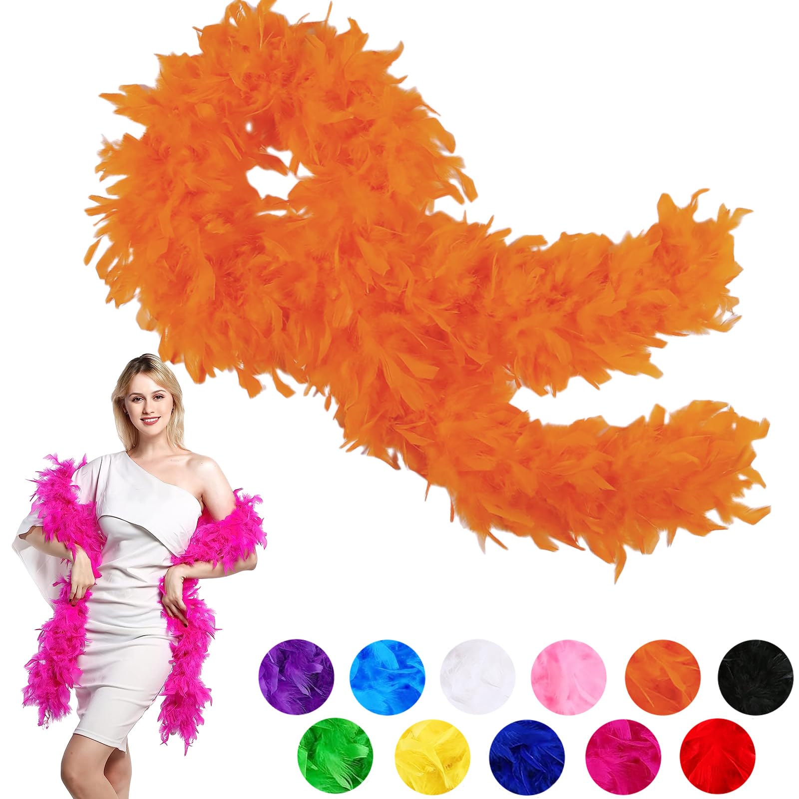 80g Orange Feather Boa Thick Fancy Dress for Adults,Kids,2m/6.6ft Natural Turkey Feather Boa Orange,Party Fluffy Boa Feather Scarffor Bulk for Women,Girls,Wedding Bachelor Halloween Costume Party