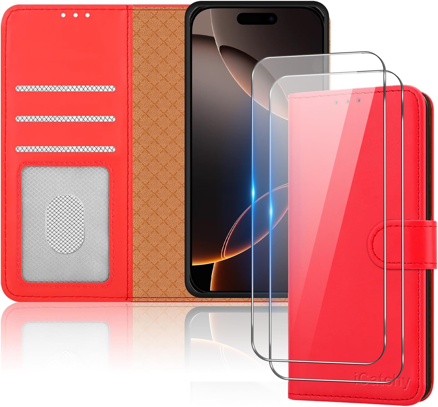 iCatchy for iPhone 16 Pro Max (6.9 Inch) Case with 2x Screen Protector Leather Magnetic Flip Cover Card Holder Kickstand Feature Full Protection Phone Cover Compatible with iPhone 16 Pro Max (Red)