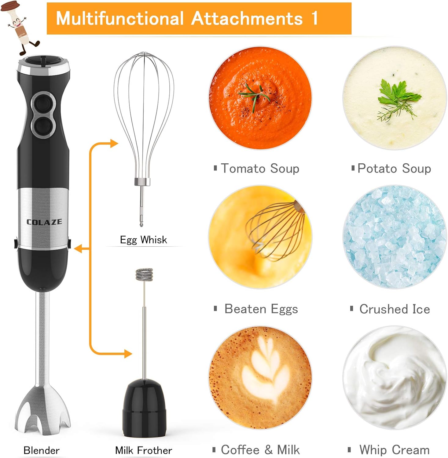 Immersion Hand Blender Handheld, COLAZE【5-in-1】800W 12 Speed Control Multifunctional Electric Stick Blender with Stainless Steel Blades, 500ml Chopper, 600ml Container, Egg Whisk, Milk Frother: Kitchen & Dining