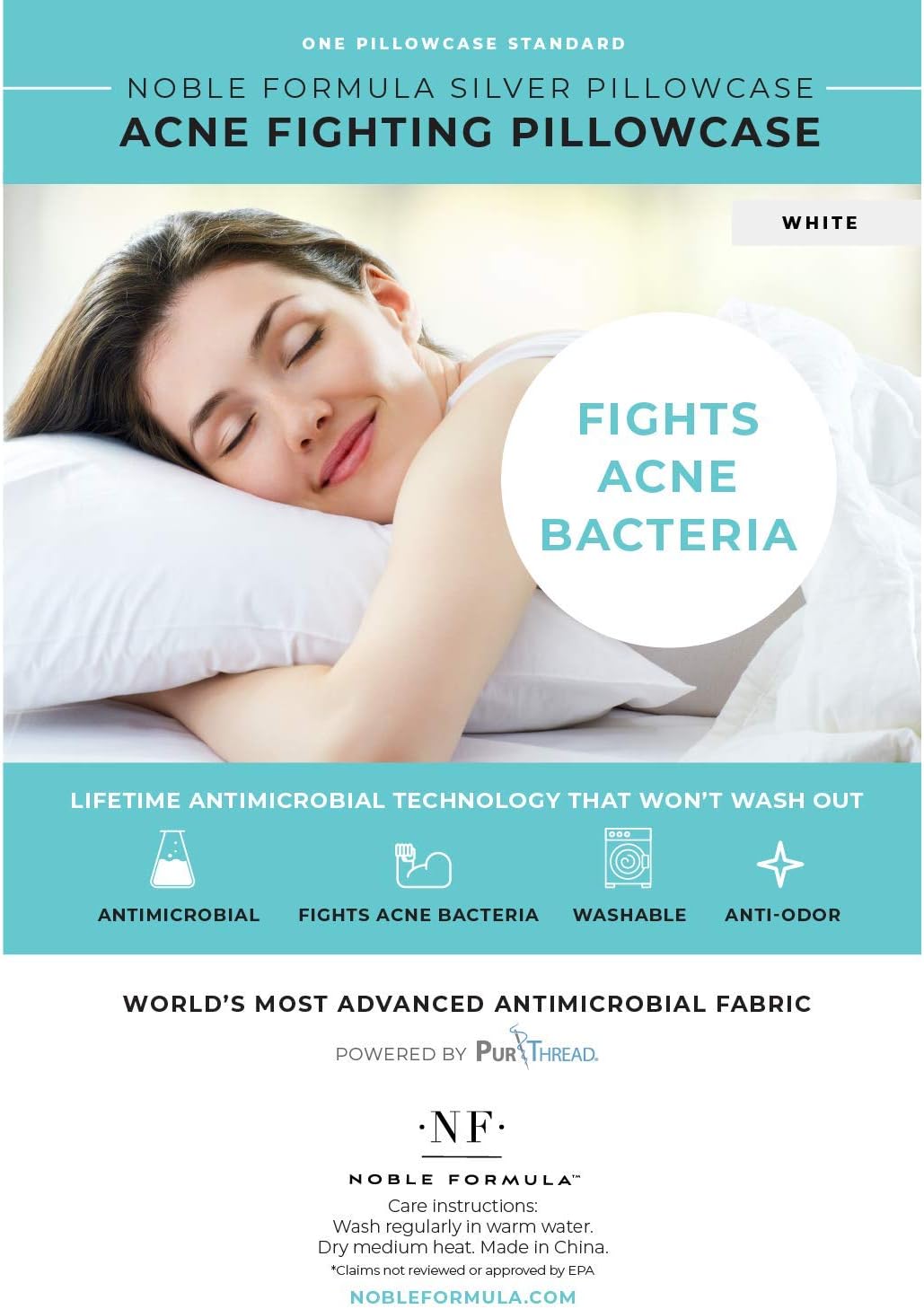 Noble Formula Silver Acne Fighting Pillowcase with PurThread Silver Technology, White, 1 Standard Pillowcase