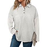 Eytino Plus Size Sweatshirts for Women Button V Neck Long Sleeve Waffle Patchwork Oversized Pullover Shirts Tops(1X-5X)