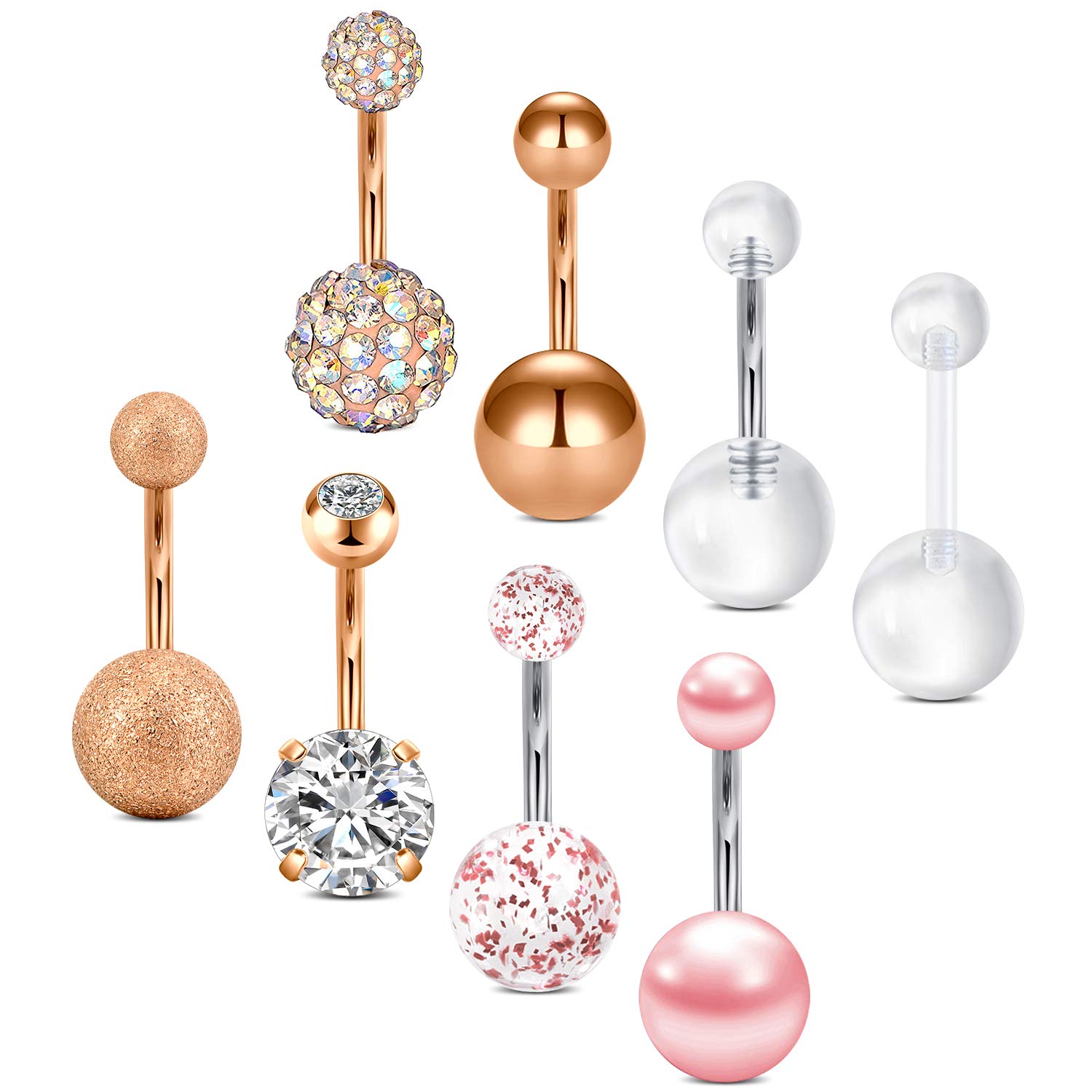 AceFun 14G Belly Bar Surgical Steel 8Pcs Rosegold Belly Bar with Diamond CZ and Pearl Piercing Jewellery