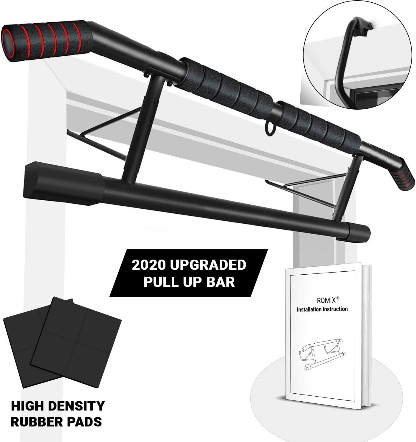 ROMIX Pull Up Bar, Adjustable Doorway Multi-grip Chin Up Bar, Heavy Duty No Screws Installation Door Frame Home Gym Exercise Equipment with Foam Padded Handles for Body Workout Fitness Training