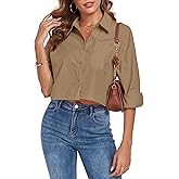 FIOPHY Women's Button Down Shirt Cropped Oversize Boyfriend Long Sleeve Collared Crop Loose Blouses with Pocket