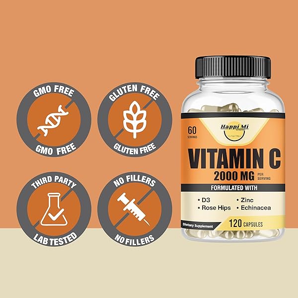 HAPPI MI NUTRITION VITAMIN C 2000MG, ZINC 40 MG, VITAMIN D3 5000 IU, ECHINACEA EXTRACT, ROSE HIP, IMMUNE SUPPORT FOR ADULTS & KIDS, IMMUNE BOOSTER,120 VEGAN CAPS, 60 DAY SUPPLY, NON GMO, NO FILLER
