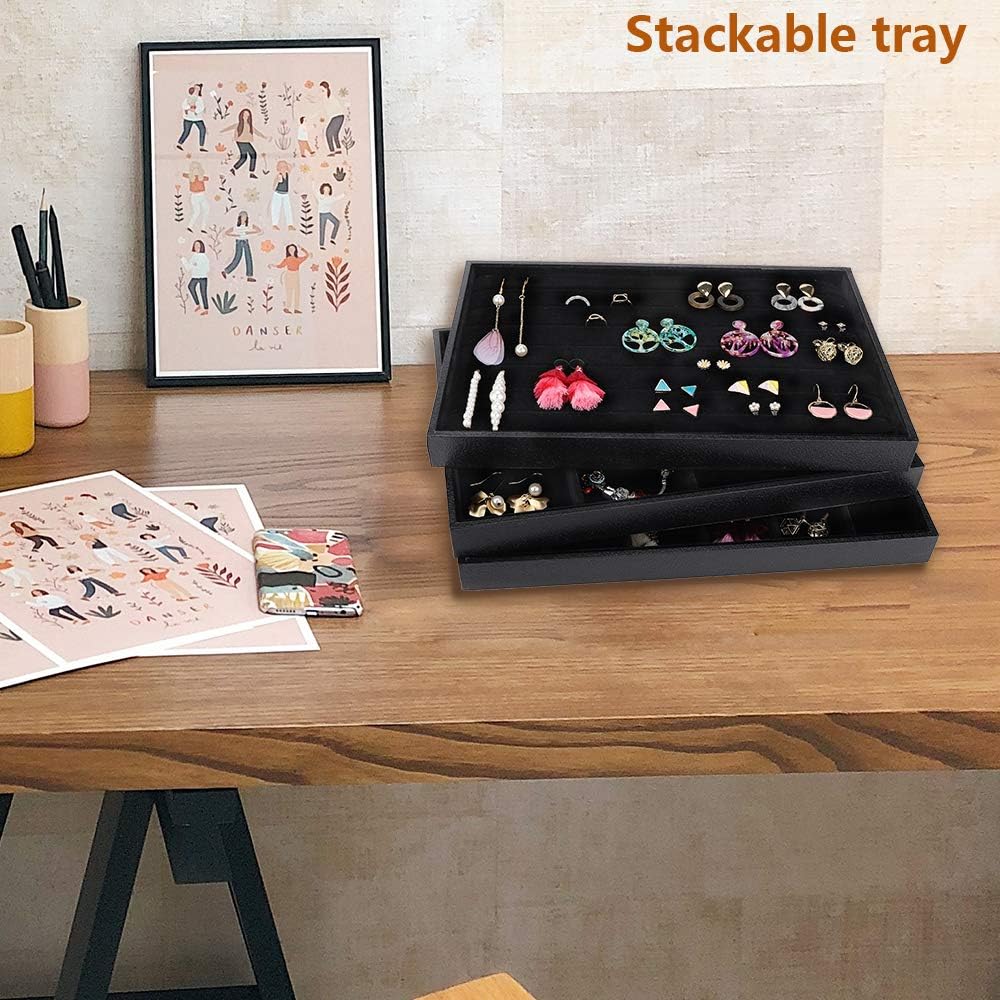 Mebbay Stackable Velvet Jewelry Trays Organizer, Jewelry Storage Display Trays with Full Artificial Leather Cover for Drawer, Earring Necklace Bracelet Ring Organizer, Set of 3 (Black): Home & Kitchen