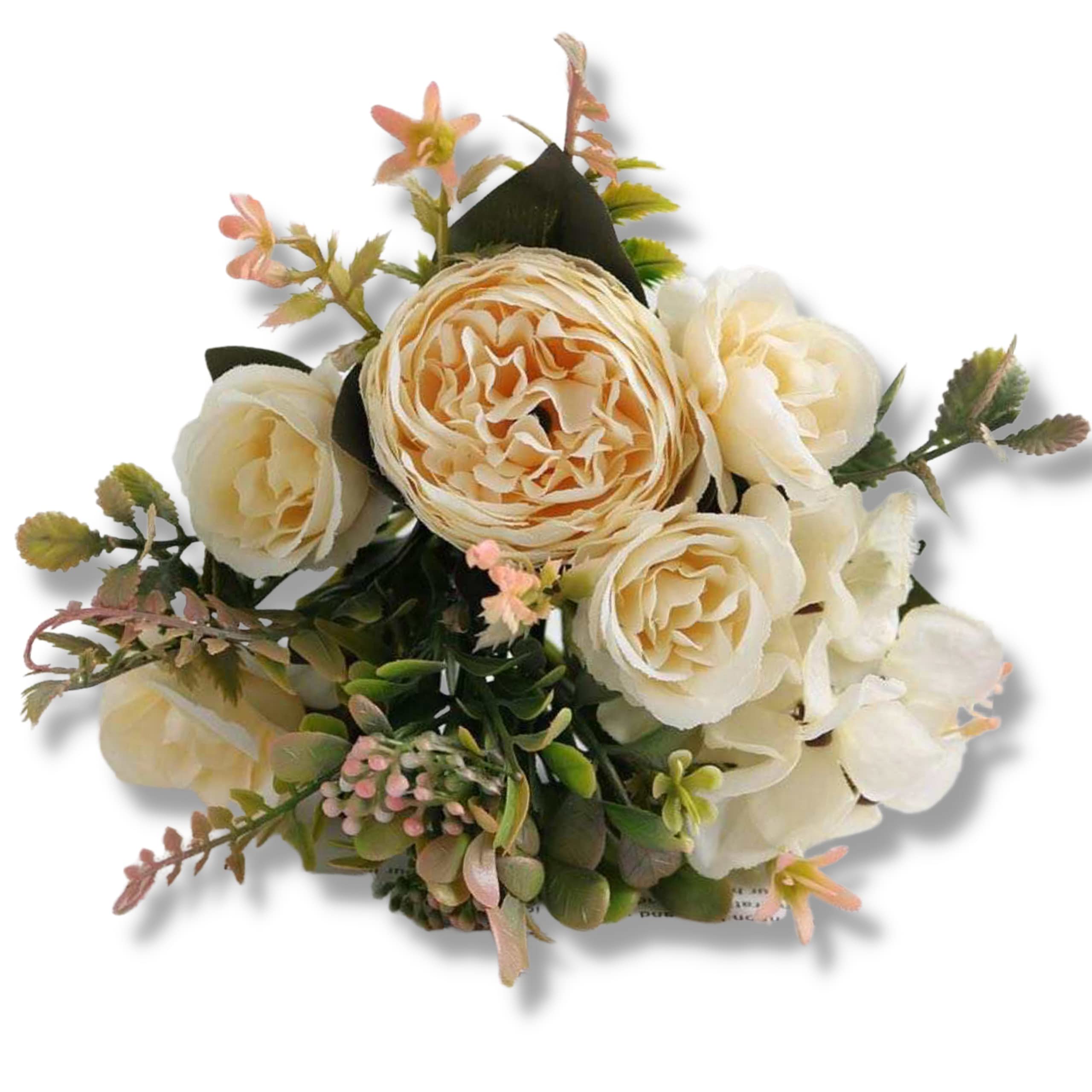 The Baked Studio – Silk Artificial Flower Bouquet (Peony Rose Hydrangea Foliage) – Realistic Fake Plant for Cake Decoration, Home Décor, Weddings, DIY and Crafts (Cream) — image 1