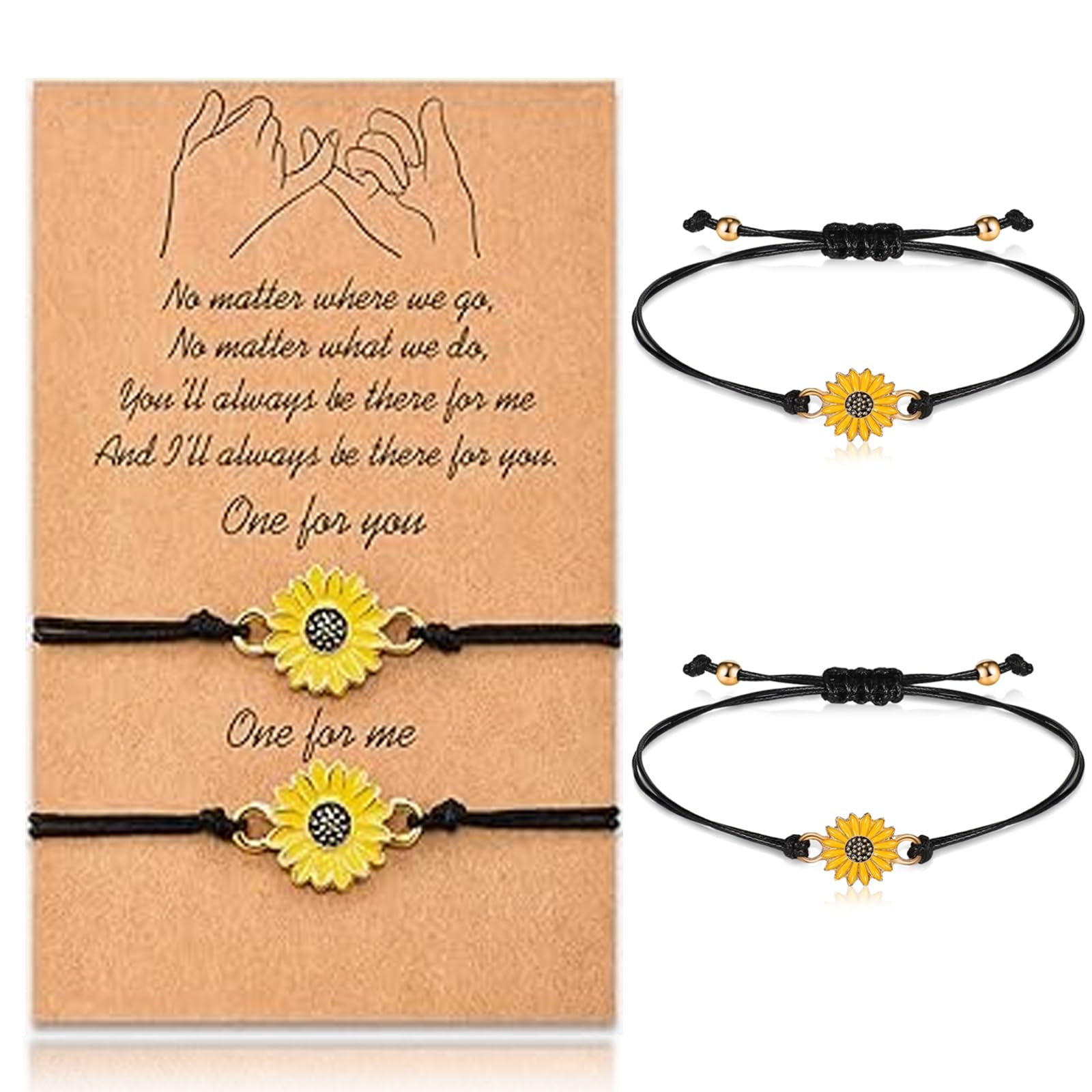 DBAILY Friendship Sunflower Bracelets, 4pcs Distance Matching Handmade Cord Relationship Pinky Promise Bracelets Adjustable Set for Women Girl Best Friend Couples