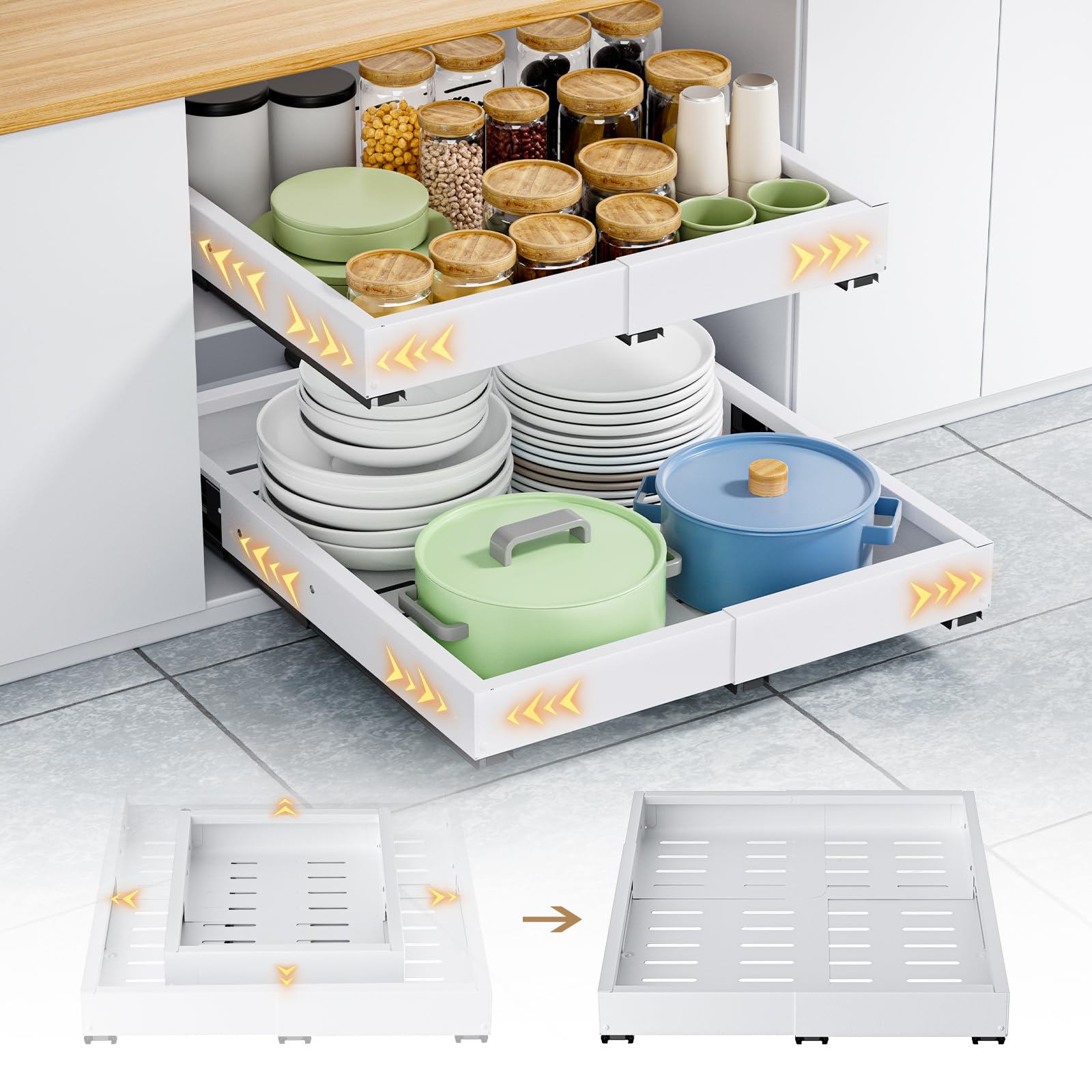 Photo 1 of 2 Pack Pull Out Cabinet Organizer, Expandable Width (11.4"-18.9") Depth (16.3"-21.7") Pull out Drawers for Cabinets with 3 Rails, No Drill Adhesive Film or Nail Slide out Drawers for Kitchen, Pantry