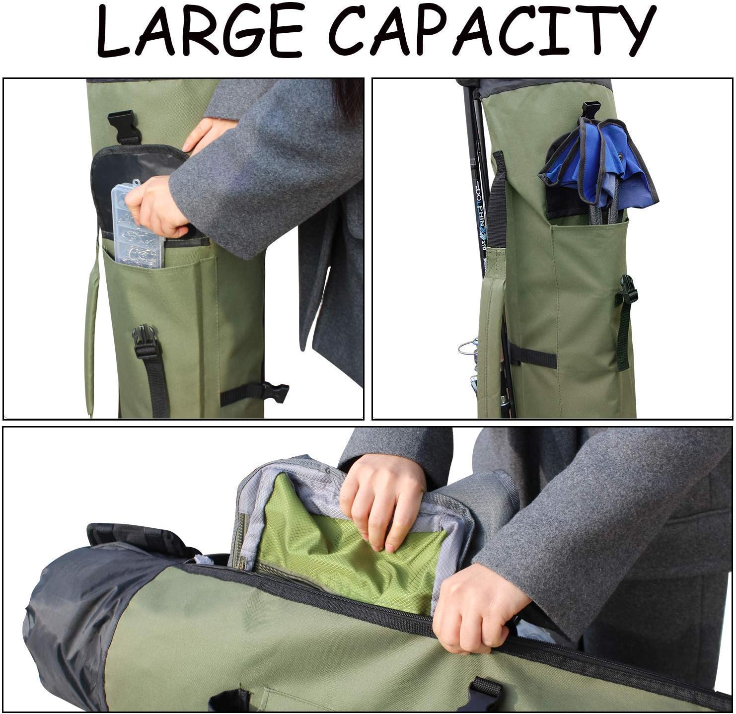 Allnice Durable Canvas Fishing Rod & Reel Organizer Bag Travel Carry Case Bag- Holds 5 Poles & Tackle (Khaki Green) : Sports & Outdoors