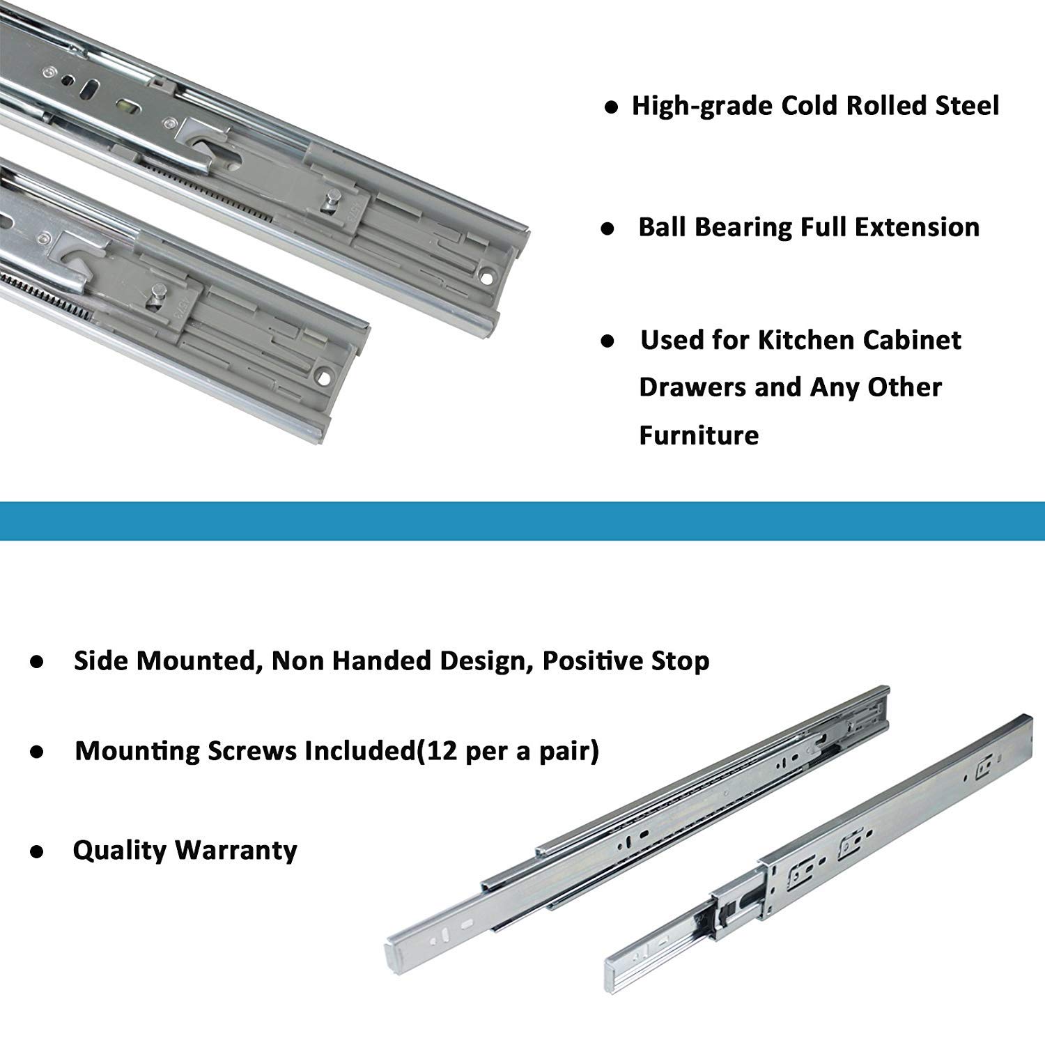 18" Soft Close Ball Bearing Drawer Slides - (Also 12" to 22" Lengths) - 100 lb.Capacity - Side Mount with Mounting Screws, 3 Fold Full Extension Ball Bearing Drawer Rails