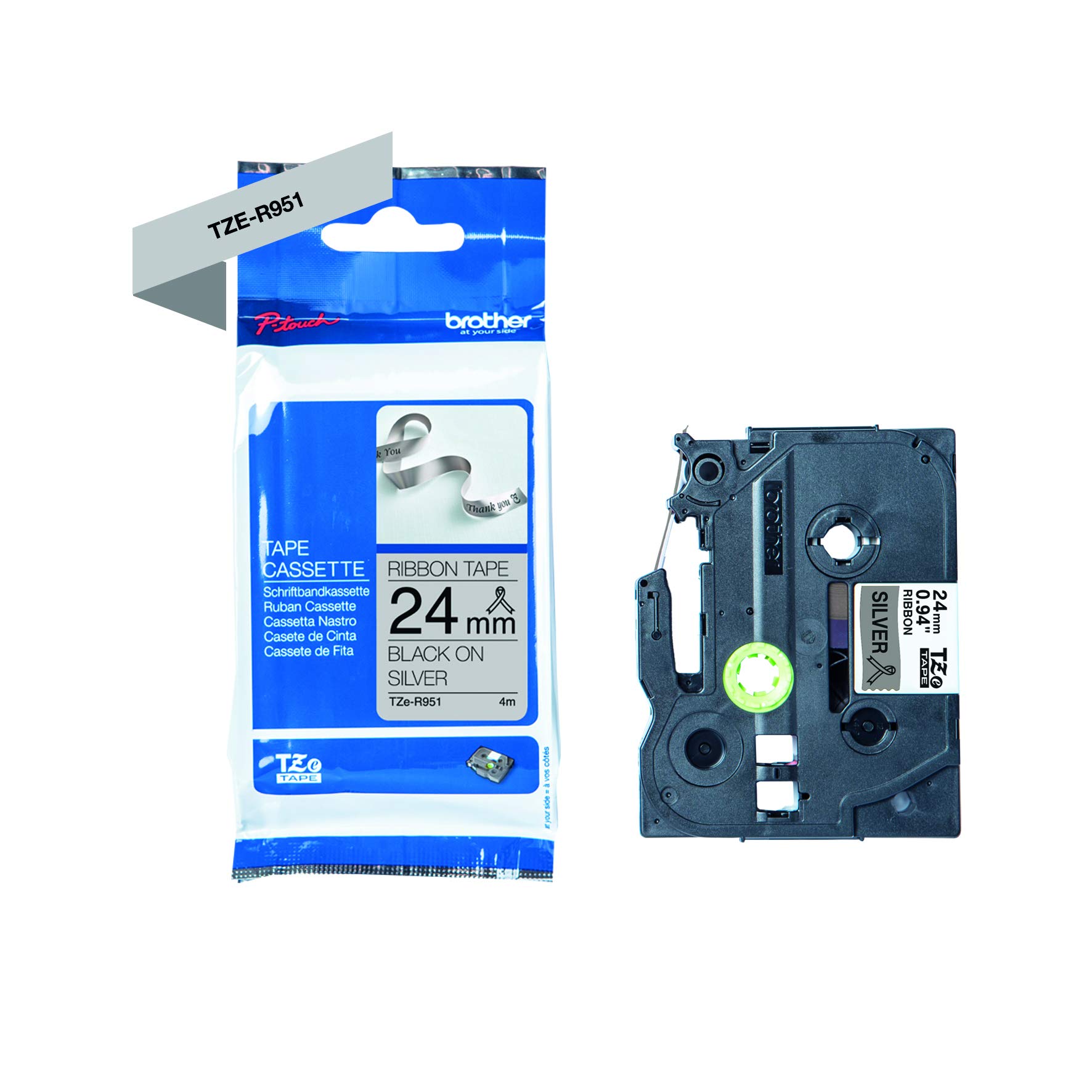 Original Brother Textiles TZe-R951 Label Tape Black on Silver Width 24 mm Length 4 m for Brother P-Touch H200, H100LB/R, H105, E100/VP, D200/BW/VP, D210/VP, Cube, Cube Plus)