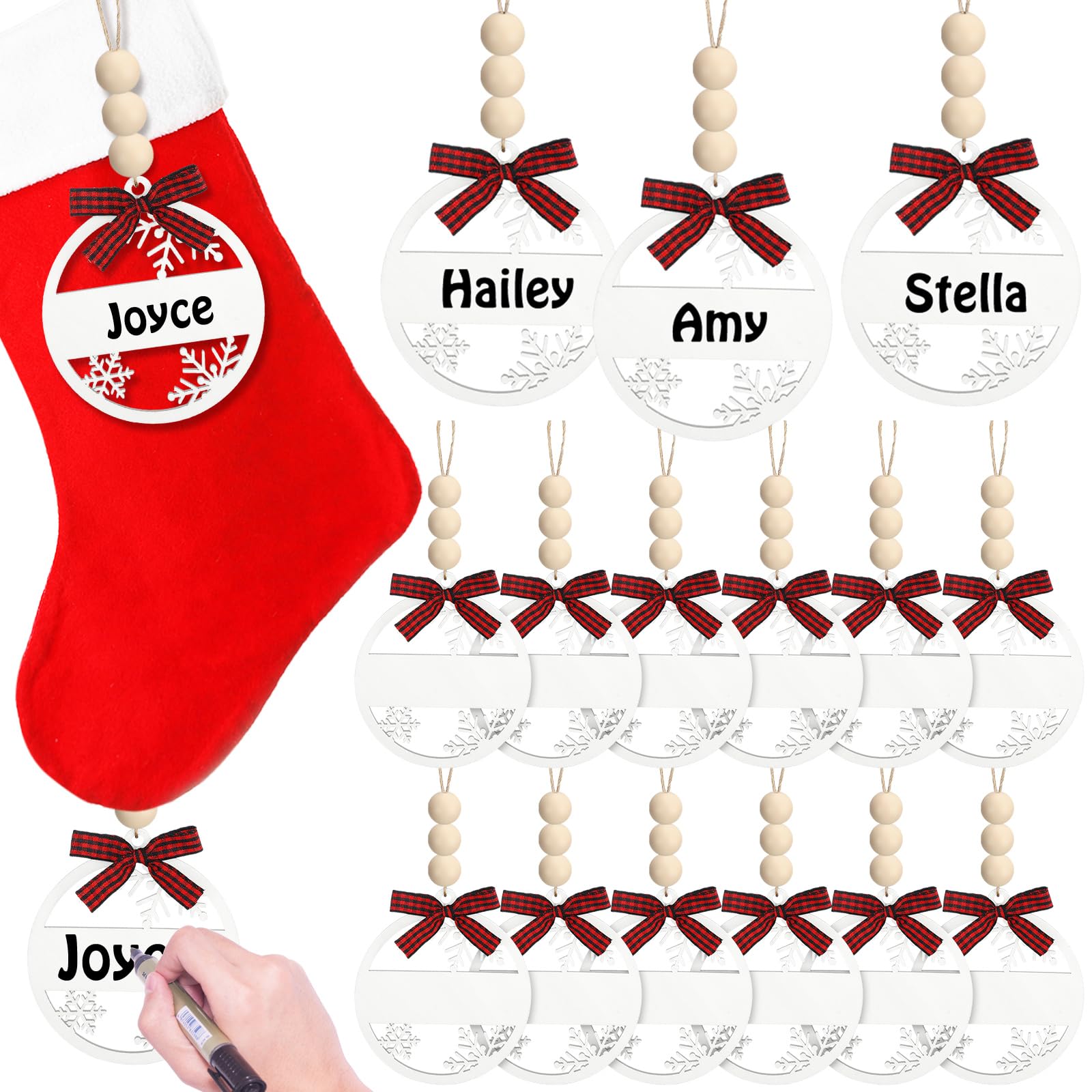 Photo 1 of 12 Pcs Christmas Stocking Name Tags Wooden Name Tags for Stockings Buffalo Plaid Hanging Ornaments Rustic Christmas Tree Ornaments(Red Black, White)
