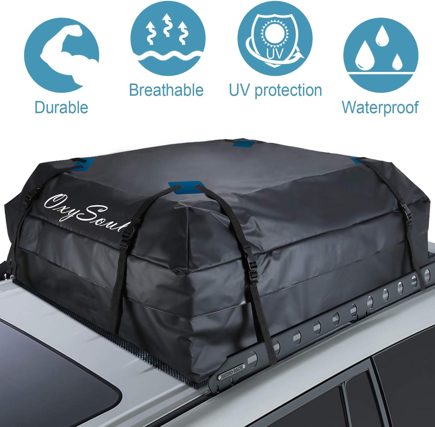 OxySoul Car Roof Bag & Rooftop Cargo Carrier Bag for SUV, Vans, Truck - Waterproof Heavy Duty Fits All Vehicle with/Without Rack, 15 Cubic Feet (Blue)