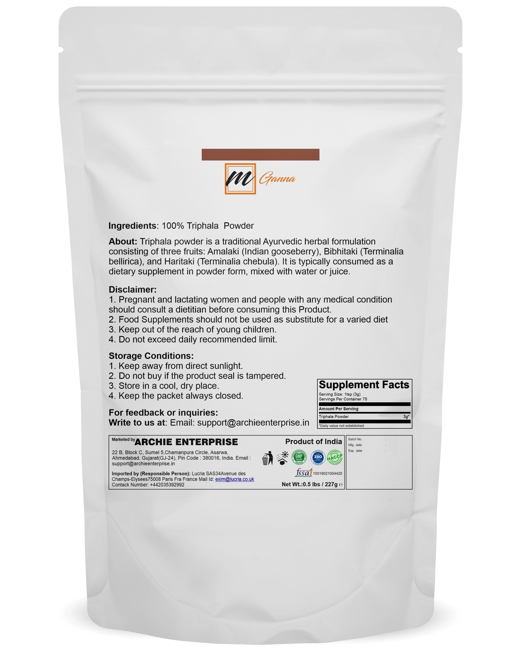 100% Natural Triphala Powder for Skin and Health Care 227 GMS / 0.5 LBS