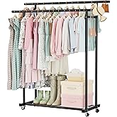Abiglifty Double Rods Clothes Rack for Hanging Clothes, Clothing Rack with Wheels, Portable Closet Organizer for Laundry, Roo