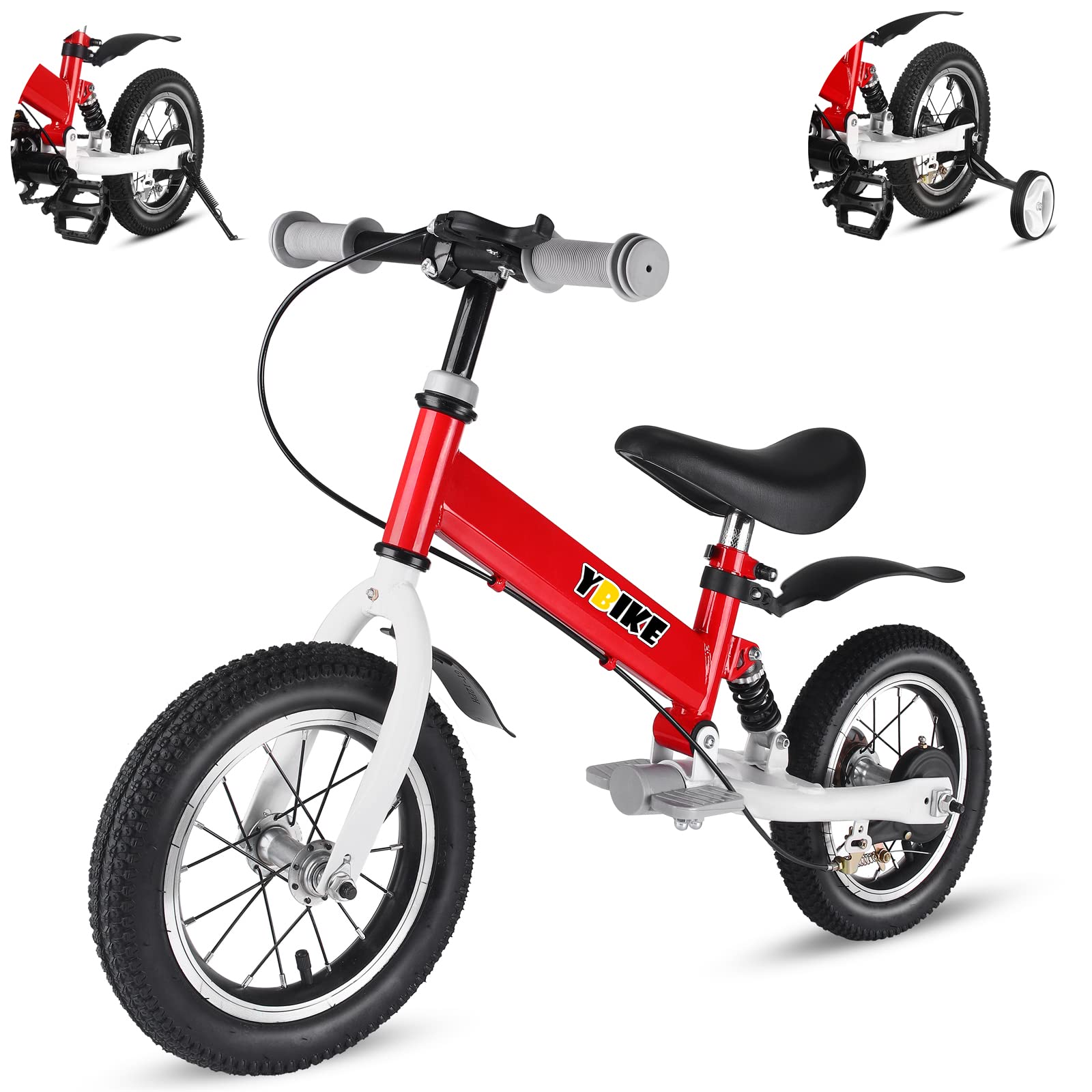 YBIKE 2 in 1 Balance Bike, 12 14 Inch Kids Bike, Suitable for 2-7 Years Old, Kids' Balance Bike with Pedal, Shock Absorber, Fenders, Brakes, 4 Colors Training Bike