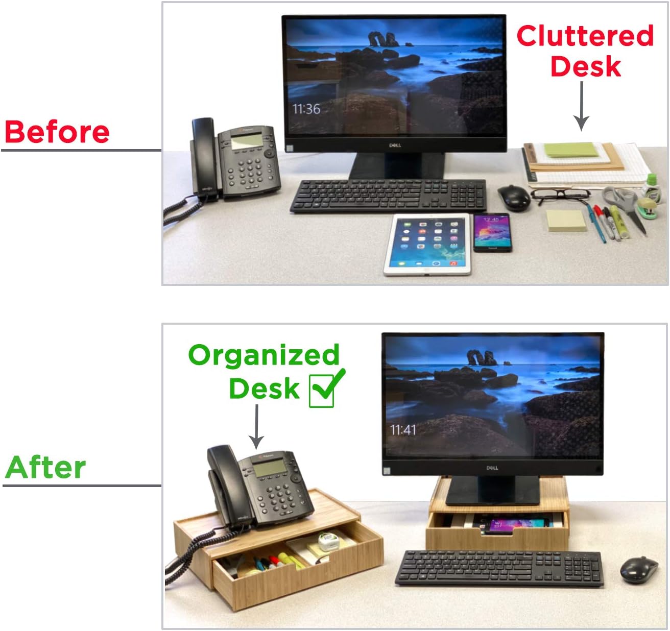 Bamboo Telephone Stand with Drawer Stackable Storage Solution for Office Products Pens, Pencils, Scissors, Notepads, Business Cards and More : Office Products