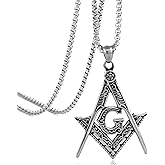Mens Freemason Compass Masonic Pendant Necklace Silver Tone Stainless Steel with 24inch Link Chain